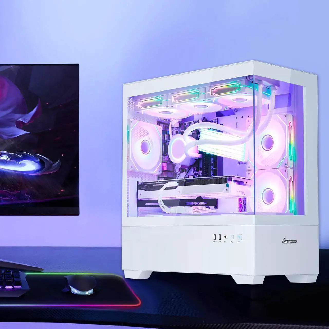 Hoengager Ocean Park Gaming PC Desktop-AMD Ryzen 7 5700X 3.4 GHz 8-Core, 32GB DDR4 RAM,1TB PCI-E SSD, RTX 4060 8G, 360 Liquid-Cooled,RGB Fans, WIFI &Bluetooth ,Win 11 Pro 64bit -White