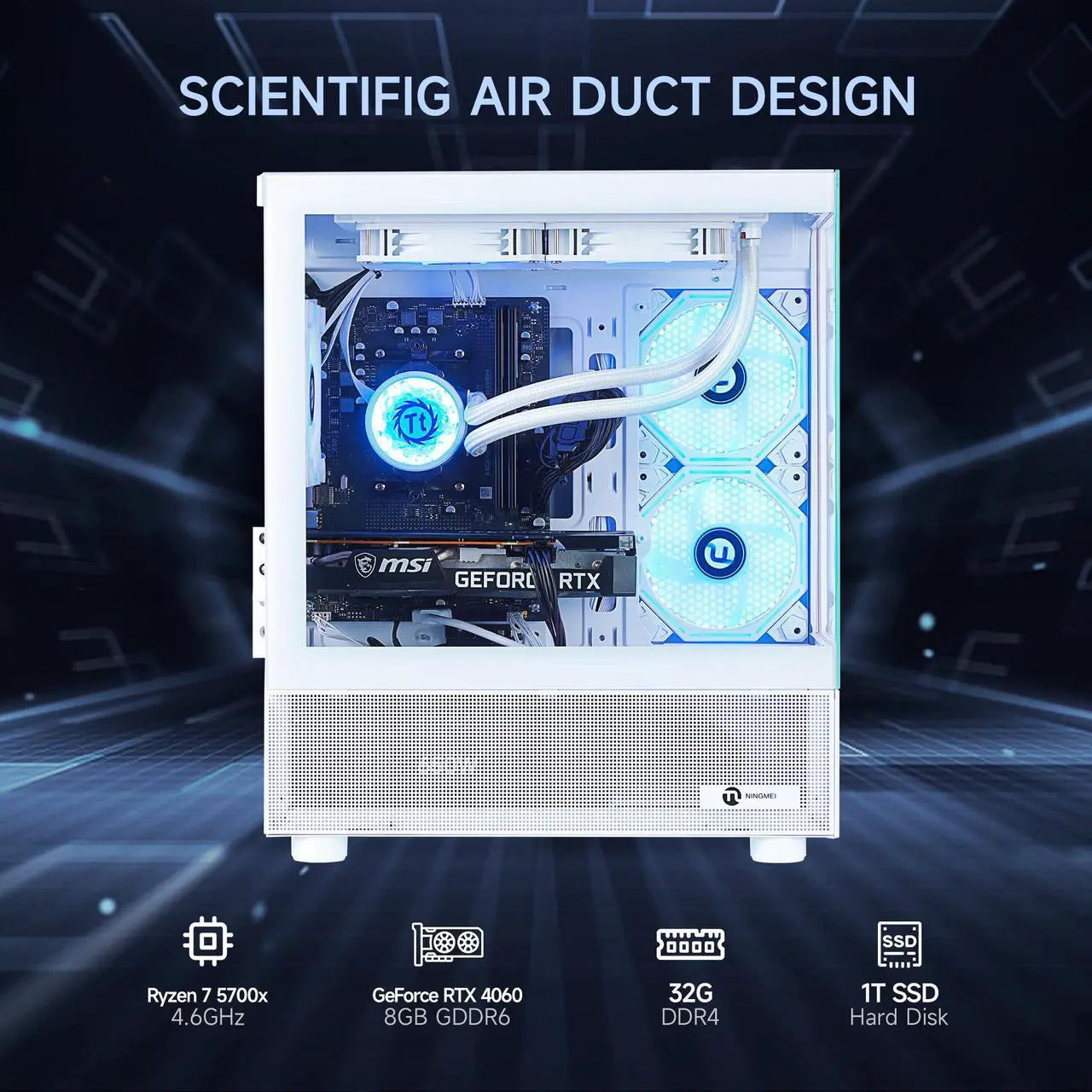 Ningmei Gaming Desktop Computer PC, AMD Ryzen 7 5700X, RTX 4060, 32GB DDR4 RAM, 1TB NVME SSD, 240 Liquid Cooler, 650W PSU, Wi-Fi, ARGB Fans , Windows 11 Home