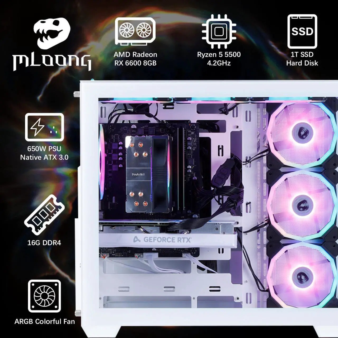 MLOONG Gaming PC,AMD Ryzen 5 5500 4.2 GHz, AMD Radeon RX 6600 8GB Desktop Computer, 1TB NVMe SSD, 16GB DDR4 3200MHz, Air Cooled Prebuilt,650W PSU, Windows 11