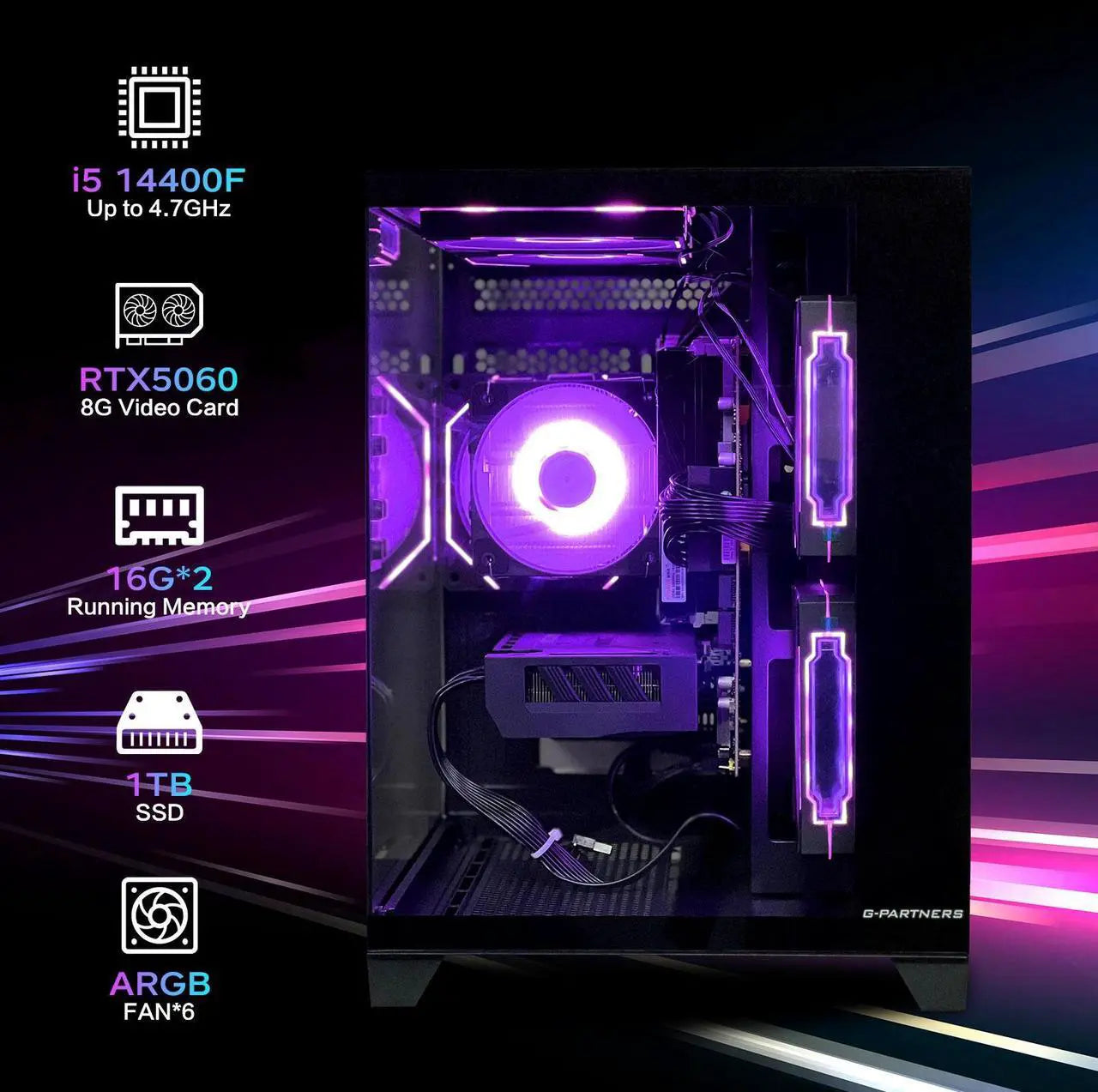 AOACE Gaming PC Desktop INTEL Core i5 14400F 2.5 GHz, NVIDIA RTX 5060 8G DLSS 4, 32GB DDR4 RAM 3200MHz,1TB NVMe PCIe4.0, Wi-Fi6E, Game Design Office console,Sea View Room,Windows 11 Home 64-bit